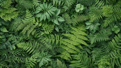 A vibrant display of lush foliage, featuring diverse fern and plant types, showcasing a rich green palette.