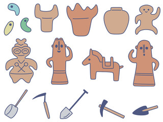 土器やはにわ、発掘道具のイラストセット