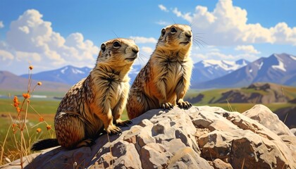 Two marmots atop a mountain crag on a sunny day
