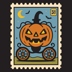 Pumpkin Carriage Stamp - Halloween Funny Ghost Stamps clipart, funny spooky stamps pumpkin ghost, retro witch halloween horror character sublimation

