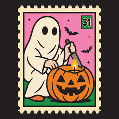  Pumpkin Carving Ghost Stamp - Halloween Funny Ghost Stamps clipart, funny spooky stamps pumpkin ghost, retro witch halloween horror character sublimation
