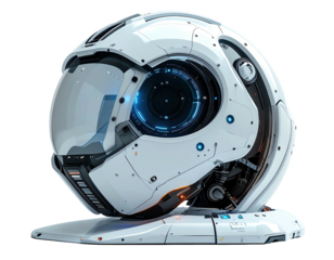 Futuristic, spherical, white helmet with glowing blue details, rests on a platform