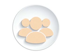 Three light beige stylized figures grouped in a white circle button