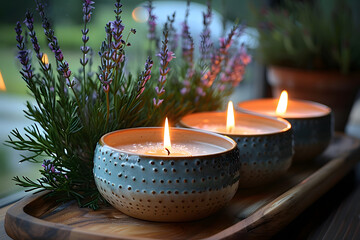 A tranquil spa setting with aromatic candles glowing softly, natural wood and stone accents, subtle warm lighting, and a sense of relaxation enhanced by soothing music, wellness 