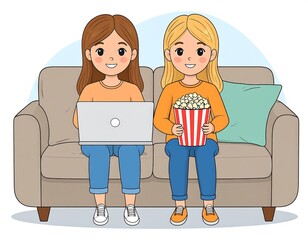 Two girls sit on a couch, one using a laptop and the other enjoying popcorn, creating a relaxed and fun indoor scene.