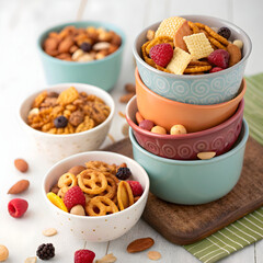 assorted snack mix in nesting bowls