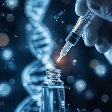 mRNA vaccine injection concept featuring DNA strand, syringe, and medicine vial, representing medical advancements