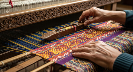 Skilled artisan's hands expertly weave vibrant threads on an antique wooden loom, creating intricate patterns with a shuttle