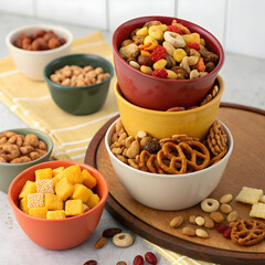 assorted snack mix in nesting bowls