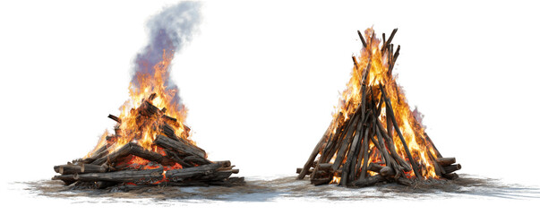 Two campfires burning with glowing flames and smoke on white and transparent background, concept for outdoor adventure, survival skills and cultural celebration
