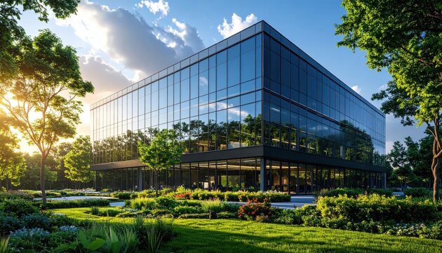A modern office building stands tall amidst well-maintained landscaping, bathed in the warm light of a beautiful sunrise or sunset.
