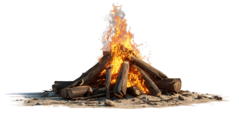 Burning campfire with bright flames made of logs on white and transparent background, concept for natural warmth