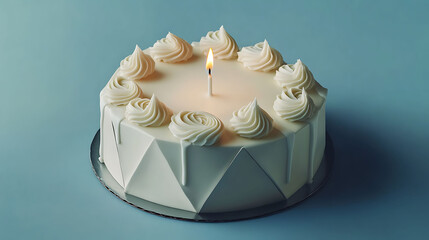 Modern geometric-style cake with sharp edges, soft white icing drip just at corners, neat piped frosting swirls, and a sleek candle in the center, on a matte blue background,