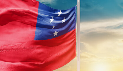Samoa flag waving with mast on beautiful sky