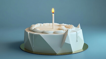 Modern geometric-style cake with sharp edges, soft white icing drip just at corners, neat piped frosting swirls, and a sleek candle in the center, on a matte blue background,