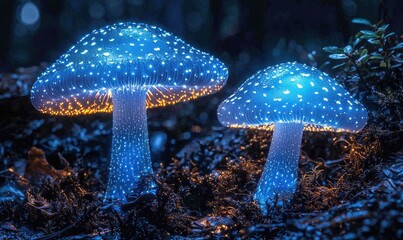 Two glowing mushrooms in a dark forest