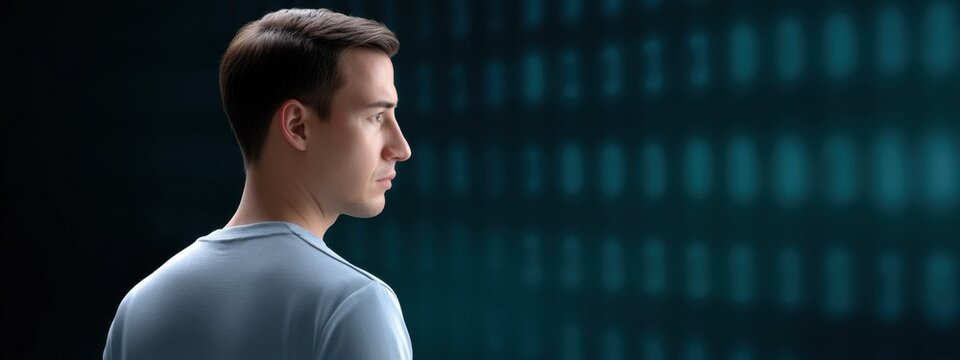 Young Man Looking Thoughtfully at Digital Data Background