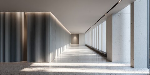 Fototapeta premium A modern, minimalist hallway with light-gray walls and a polished concrete floor, bathed in natural light.