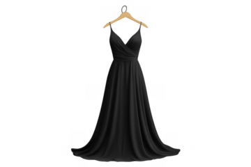 Elegant black evening gown on wooden hanger