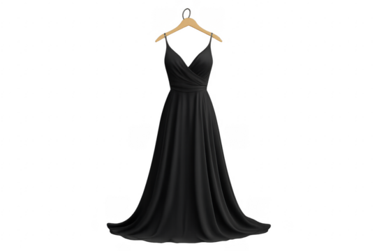 Elegant black evening gown on wooden hanger