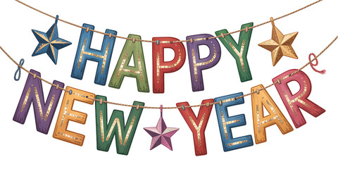 Festive happy new year banner with colorful letters and star decorations hanging from a string perfect for holiday greetings and new year's eve celebrations and party invitations