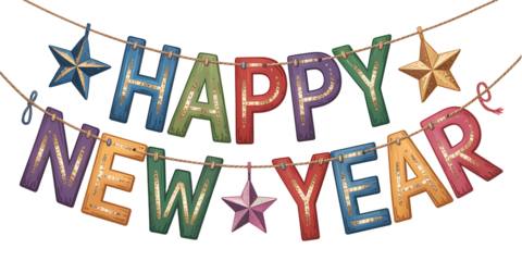 Festive happy new year banner with colorful letters and star decorations hanging from a string perfect for holiday greetings and new year's eve celebrations and party invitations