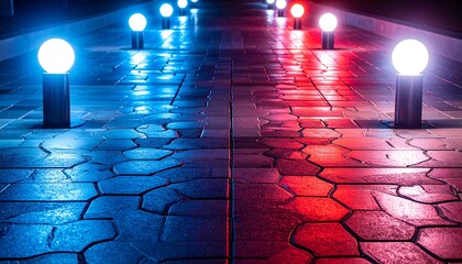A pathway illuminated by vibrant blue and red lights at night.