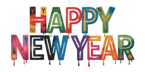 Colorful happy new year greeting with dripping paint effect perfect for holiday cards social media posts and festive decorations to celebrate the new year with vibrant style and cheer