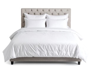 A beige tufted headboard bed with white bedding