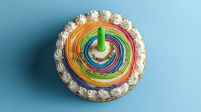Overhead view of a cake with a swirl of multicolored frosting, white drip icing running along a smooth circular edge, rainbow nonpareils,