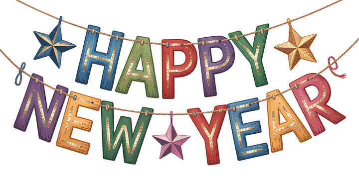Festive happy new year banner with colorful letters and star decorations hanging from a string perfect for holiday greetings and new year's eve celebrations and party invitations - Powered by Adobe