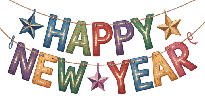Festive happy new year banner with colorful letters and star decorations hanging from a string perfect for holiday greetings and new year's eve celebrations and party invitations