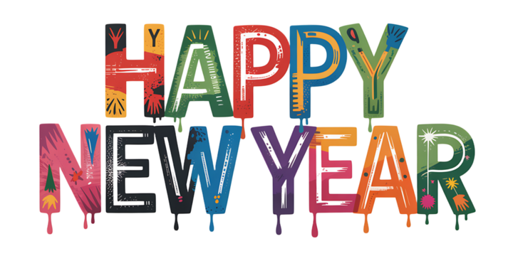 Colorful happy new year greeting with dripping paint effect perfect for holiday cards social media posts and festive decorations to celebrate the new year with vibrant style and cheer
