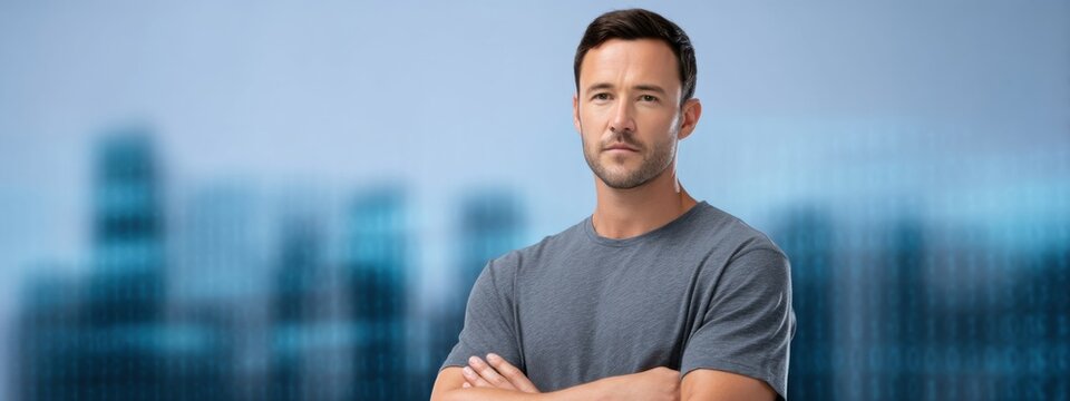 Confident Man Posing Against Blurred Cityscape Background