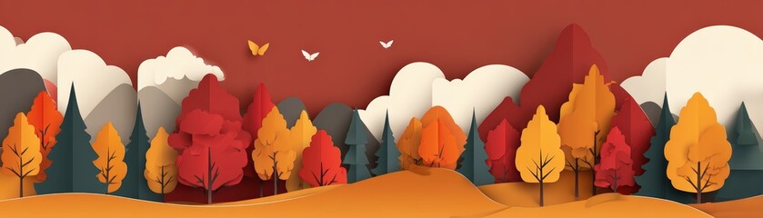 A serene autumn landscape crafted in paper with colorful trees, clouds, mountains, and birds evokes a peaceful fall scene.