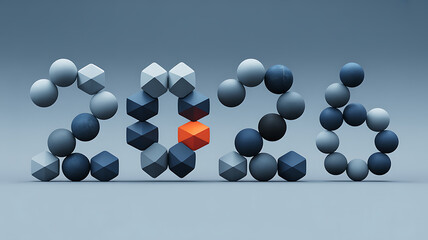 Geometric 2026 design featuring spheres and polyhedra in shades of blue and gray with a single orange polyhedron accent creating a modern and abstract visual for calendars or new year promotions