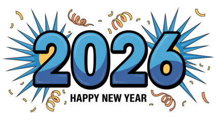 Celebrate the new year with this festive 2026 graphic featuring blue numbers confetti and a burst of celebratory rays against a perfect for holiday greetings and new year promotions