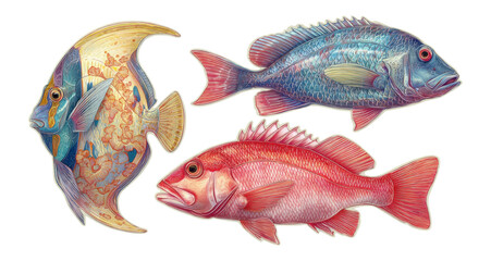 Colorful Isolated Fish Illustrations on Transparent Background Artwork