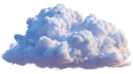 Fluffy white cloud formation against a white and transparent background, concept for meteorological studies, digital compositing and atmospheric simulations