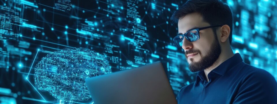 Young Man with Laptop Engaged in Futuristic Technology Concept