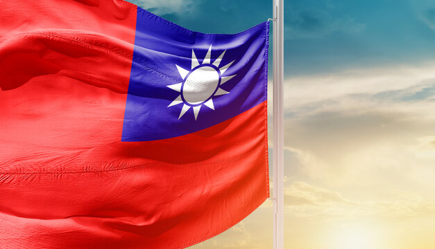 Taiwan national flag waving in an amazing sunlight. National flag waving on mast.