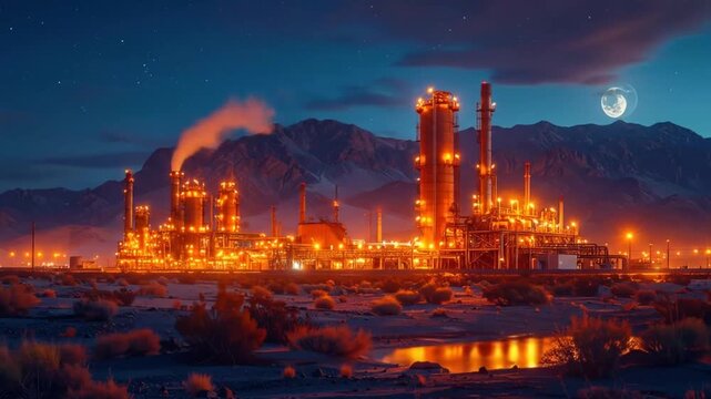 Night View of Industrial Plant with Mountains and Moon