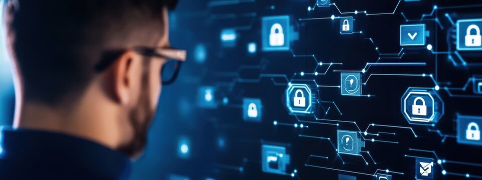 Man Analyzing Data Security Interface with Digital Lock Symbols