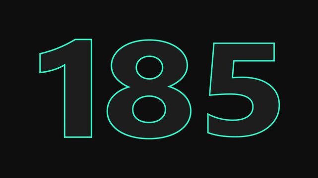 glowing text 185 number countdown icon on black background 4k animation.
