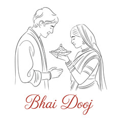 Line drawing of Bhai Dooj ritual with sister offering decorated plate to brother, both in traditional attire, red festive script below
