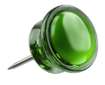 A shiny green pushpin on a white background.