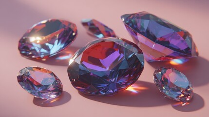 Scattered faceted gemstones gleam with vibrant purple and blue iridescence on a soft pink surface in a sophisticated studio shot setting.