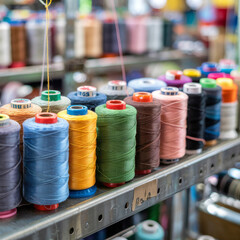 Close up of colorful thread spools in a textile factory, showcasing the vibrant hues and textures of the yarns textile