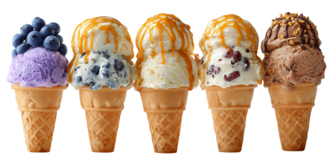 Five ice cream cones of assorted flavors on a white and transparent background, concept for dessert menu, summer treat and food photography