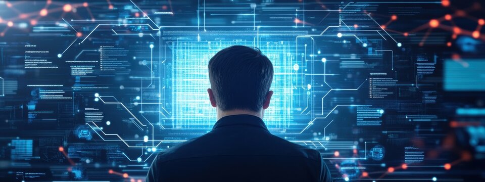 Futuristic Technology User Analyzing Data with Neon Graphics
